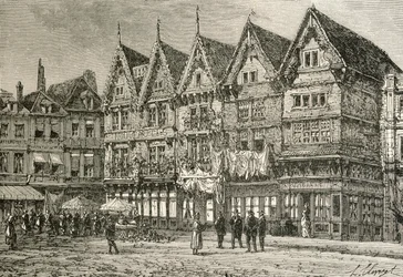 Alte Häuser in Valenciennes, Frankreich, im 19. Jahrhundert, aus 